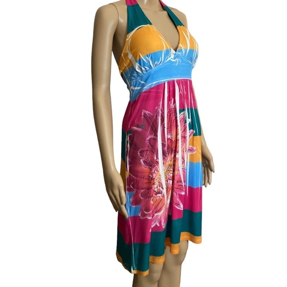 Love J Womens Large Halter Dress Sundress Pink Green Yellow Floral Bling Stretch - Picture 4 of 7